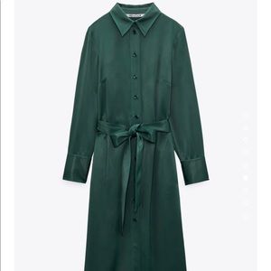 Never worn Zara green satin shirt dress size M. Current style, with tags on.